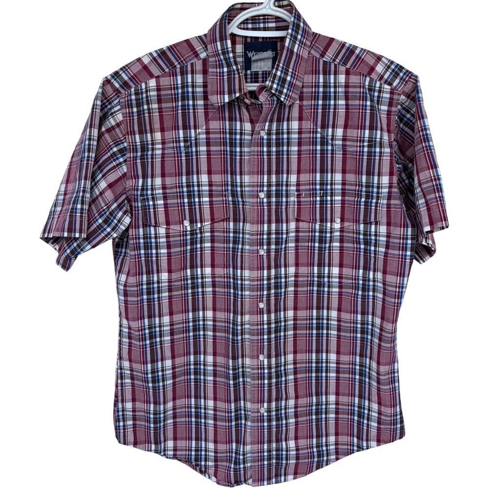 Wrangler Plaid Pearl Snap Western Shirt Medium Men's Red Blue White Short Sleeve